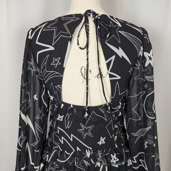 ASOS Design Ruffled Long Sleeve Mini Dress Star Print Black and White Size 8 - Picture 9 of 16